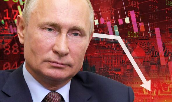 Vladimir Putin with falling stocks in background