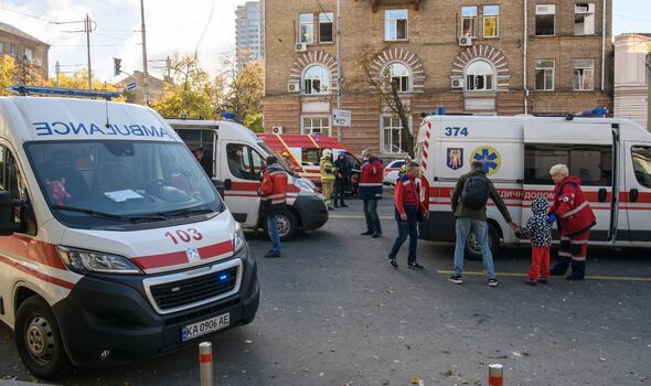 Ambulances arrive to the scene of a Russian rocket attack, Kyiv