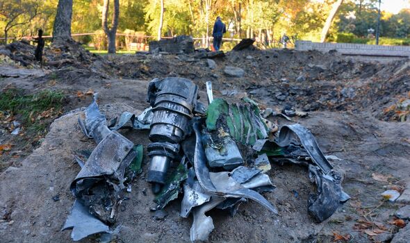A missile debris seen next to a crater after a Russian missile attack on a children's playground
